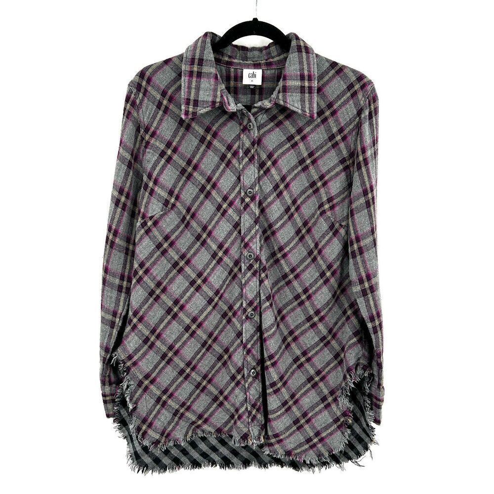 CABI Highland Gray Purple Plaid Oversized Button Up Flannel Shacket Shirt Medium